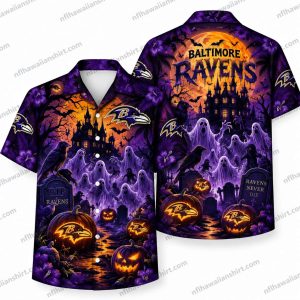 Baltimore Ravens Haunted Castle Ghost Swarm Halloween Hawaiian Shirt
