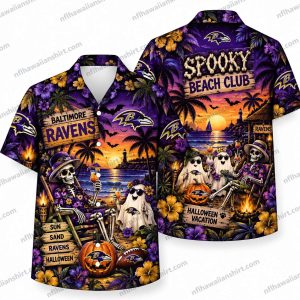 Baltimore Ravens Spooky Beach Club Dogs Halloween Hawaiian Shirt