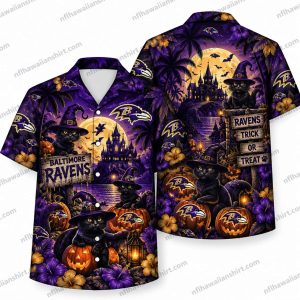 Baltimore Ravens Witch Cat Pumpkin Castle Halloween Hawaiian Shirt