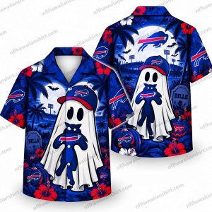 Buffalo Bills Halloween Hawaiian shirt Design 2 with buffalo ghost costume alternate, team colors and tropical foliage