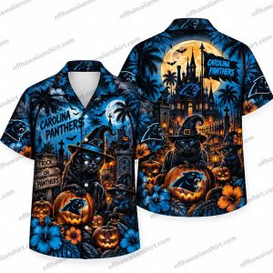 Carolina Panthers Black Cat Haunted Castle Halloween Hawaiian Shirt