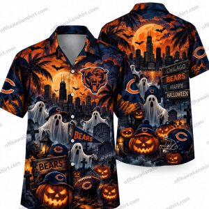 Chicago Bears Halloween Hawaiian shirt showing Ghost Graveyard Chicago Night, with “Happy Halloween” lettering