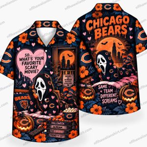 Chicago Bears Halloween Hawaiian shirt showing Ghostface Scary Movie Pink, with “What's Your Favorite Scary Movie” lettering