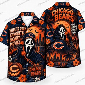 Chicago Bears Halloween Hawaiian shirt showing Ghostface Scary Movie Halloween, with “What's Your Favorite Scary Movie” lettering
