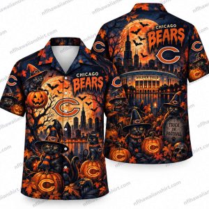 Chicago Bears Halloween Hawaiian shirt showing haunted stadium facade with a large jack-o’-lantern foreground and graveyard details