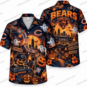 Chicago Bears Halloween Hawaiian shirt showing haunted stadium scene with glowing pumpkins, ghosts and orange moonlight