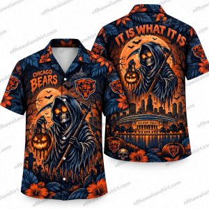 Chicago Bears Halloween Hawaiian shirt showing Grim Reaper looming over a stadium facade with “It’s What It Is” lettering