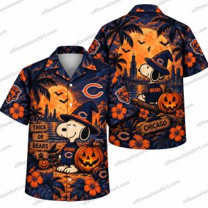 Chicago Bears Halloween Hawaiian shirt showing Snoopy Pumpkin Moonlight