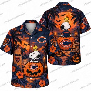 Chicago Bears Halloween Hawaiian shirt showing Snoopy Pumpkin Moon Sit