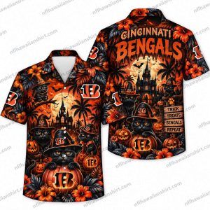 Cincinnati Bengals Haunted Castle Black Cat Night Halloween Hawaiian Shirt