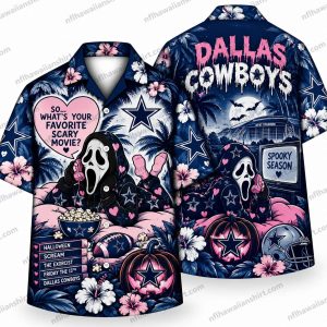Dallas Cowboys Halloween Hawaiian shirt showing Ghostface with pink flowers, hearts, pumpkins and Favorite Scary Movie callouts in a Dallas Halloween design.