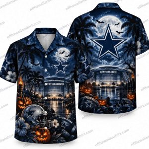 Dallas Cowboys Halloween Hawaiian shirt showing Haunted Stadium featured in a moonlit Dallas stadium skyline with a large star, graveyard silhouettes and pumpkins.