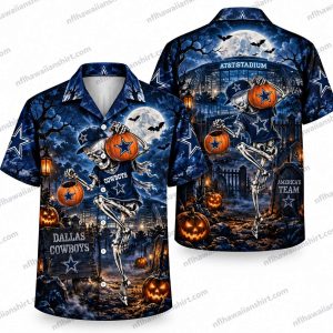 Dallas Cowboys Moonlit Pumpkin Graveyard Stadium Halloween Hawaiian Shirt
