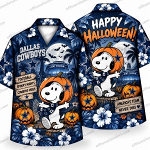Dallas Cowboys Halloween Hawaiian shirt showing Snoopy in a pumpkin costume beneath a full moon, Happy Halloween lettering and Dallas stadium imagery.