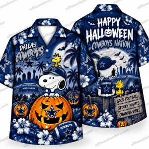 Dallas Cowboys Halloween Hawaiian shirt showing Snoopy sitting inside a Dallas-star jack-o'-lantern beneath a moon and Happy Halloween lettering.