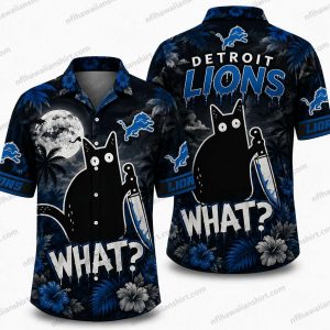 Detroit Lions Black Cat WHAT Knife Halloween Hawaiian Shirt