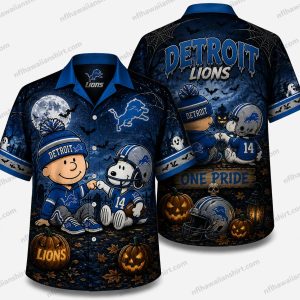 Detroit Lions zombie creature Halloween Hawaiian shirt with blue tropical foliage and moonlit seasonal accents