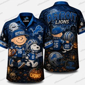 Detroit Lions charlie brown and snoopy football Halloween Hawaiian shirt Design 2 with blue tropical foliage and moonlit seasonal accents