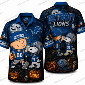 Detroit Lions charlie brown and snoopy football Halloween Hawaiian shirt Design 3 with blue tropical foliage and moonlit seasonal accents