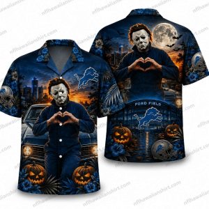 Detroit Lions michael myers moon scene Halloween Hawaiian shirt Design 3 with blue tropical foliage and moonlit seasonal accents