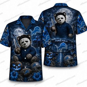 Detroit Lions michael myers portrait Halloween Hawaiian shirt Design 4 with blue tropical foliage and moonlit seasonal accents