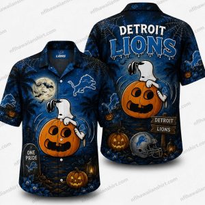 Detroit Lions snoopy pumpkin ghost Halloween Hawaiian shirt Design 2 with blue tropical foliage and moonlit seasonal accents