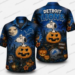 Detroit Lions snoopy pumpkin costume Halloween Hawaiian shirt Design 3 with blue tropical foliage and moonlit seasonal accents
