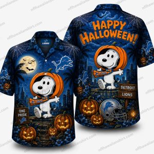 Detroit Lions snoopy pumpkin costume Halloween Hawaiian shirt Design 2 with blue tropical foliage and moonlit seasonal accents