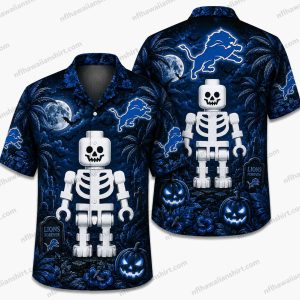 Detroit Lions white skeleton mascot Halloween Hawaiian shirt on dark navy with electric-blue Lions graphics and foliage