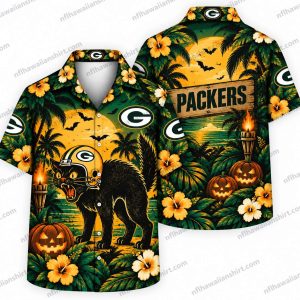 Green Bay Packers Black Cat Pumpkin Halloween Hawaiian Shirt