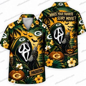 Green Bay Packers Ghostface Packers Horror Halloween Hawaiian shirt Design 2 with ghostface and tropical details