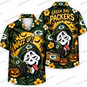Green Bay Packers Ghostface Packers Horror Halloween Hawaiian shirt Design 3 with ghostface and tropical details