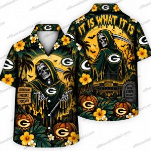 Green Bay Packers Grim Reaper Packers Night Halloween Hawaiian shirt Design 2 with grim reaper and tropical details