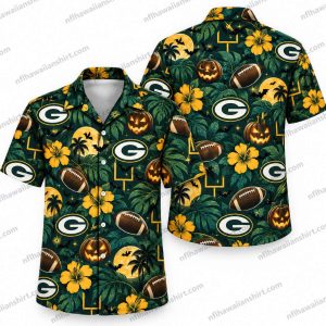 Green Bay Packers Packers Halloween Icon Repeat Halloween Hawaiian shirt Design 1 with distributed team and halloween icons and tropical details