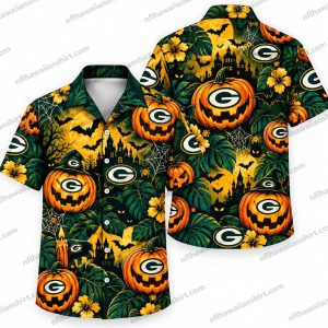 Green Bay Packers Packers Halloween Icon Repeat Halloween Hawaiian shirt Design 2 with distributed pumpkins and team marks and tropical details