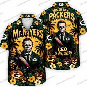 Green Bay Packers Michael Myers Packers Portrait Halloween Hawaiian shirt Design 2 with michael myers and tropical details