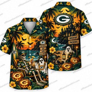 Green Bay Packers Pumpkin Moon Graveyard Halloween Hawaiian Shirt Green Bay Packers Pumpkin Moon Graveyard Halloween Hawaiian Shirt