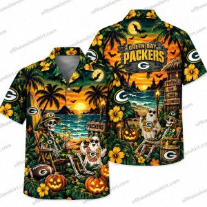 Green Bay Packers Skeleton Beach Halloween Hawaiian Shirt