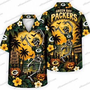 Green Bay Packers Skeleton Graveyard Packers Halloween Hawaiian shirt Design 1 with graveyard skeleton and tropical details