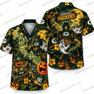 Green Bay Packers Skeleton Graveyard Packers Halloween Hawaiian shirt Design 2 with skeleton figure and tropical details
