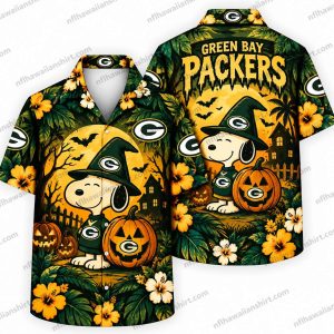 Green Bay Packers Snoopy Packers Pumpkin Halloween Halloween Hawaiian shirt Design 3 with snoopy and tropical details