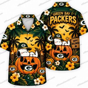 Green Bay Packers Snoopy Packers Pumpkin Halloween Halloween Hawaiian shirt Design 4 with snoopy and tropical details