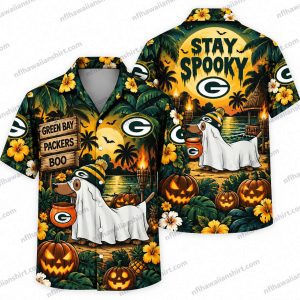 Green Bay Packers Stay Spooky White Ghosts Halloween Hawaiian shirt Design 1 with sheet ghosts and tropical details