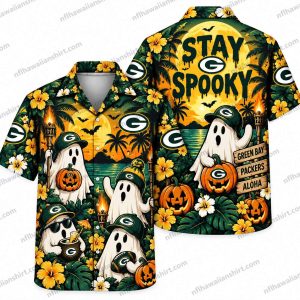 Green Bay Packers Stay Spooky White Ghosts Halloween Hawaiian shirt Design 2 with cute white ghosts and tropical details