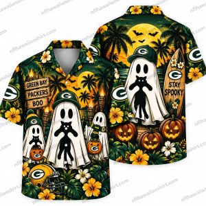 Green Bay Packers Stay Spooky White Ghosts Halloween Hawaiian shirt Design 3 with tall white ghost figure and tropical details
