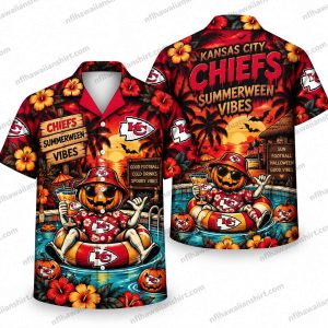 Kansas City Chiefs Skeleton Summerween Pool Halloween Hawaiian Shirt