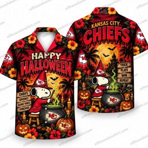 Kansas City Chiefs Halloween Hawaiian shirt showing Snoopy standing beside a pumpkin bucket beneath “Happy Halloween,” framed by flowers