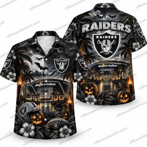 Las Vegas Raiders Haunted Stadium Night Halloween Hawaiian Shirt Las Vegas Raiders Haunted Stadium Night Halloween Hawaiian Shirt