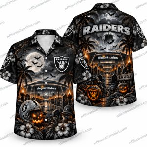 Las Vegas Raiders Haunted Stadium Night Halloween Hawaiian shirt with haunted stadium, pumpkins, halloween night motifs, and black, silver, amber tones