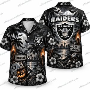 Las Vegas Raiders Monochrome Haunted Tropics Halloween Hawaiian Shirt